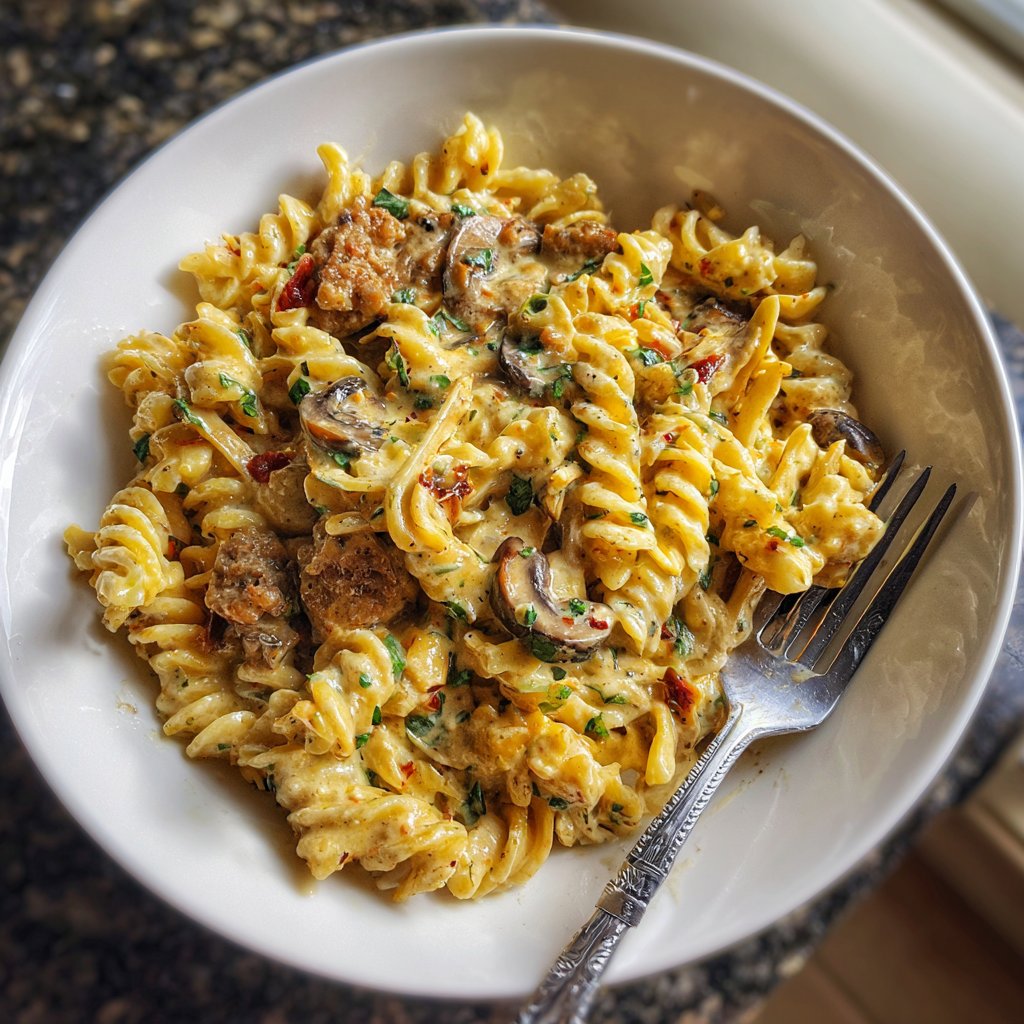 One Pot Creamy Cajun Sausage Pasta with Mushrooms
